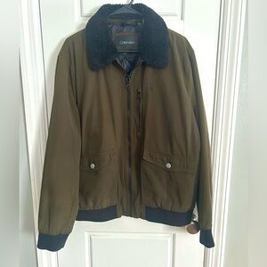 Calvin Klein Olive Green Bomber Jacket with Black Removable Sherpa Fleece Collar